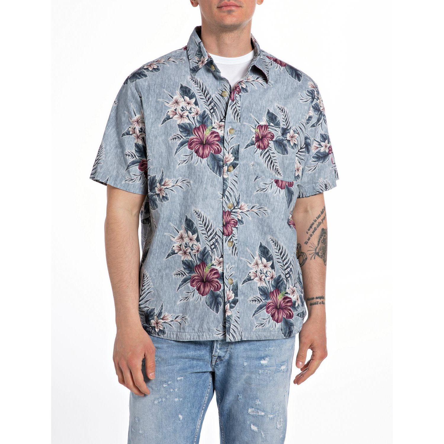 Replay M4119 shirt light blue hibiscus