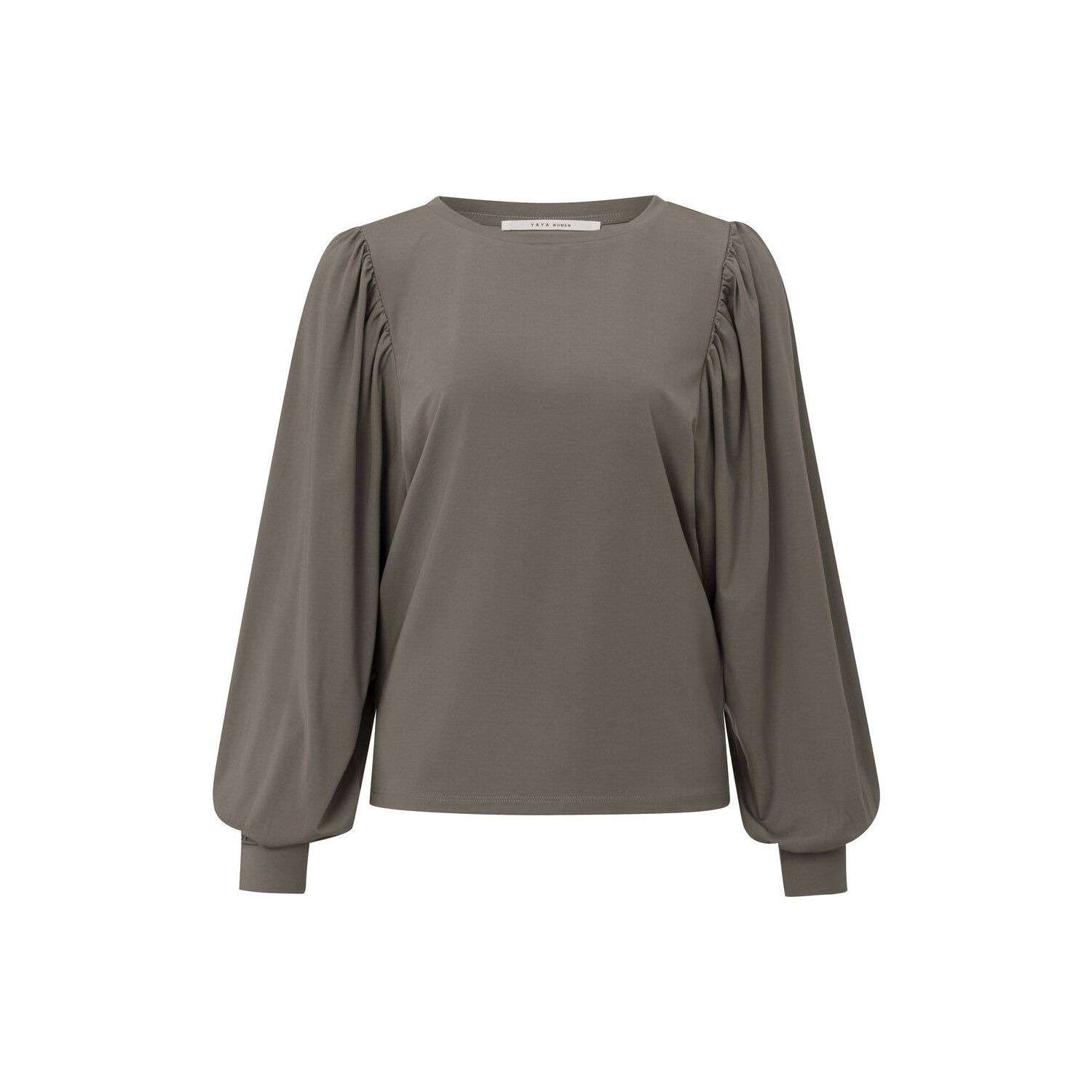 Yaya boatneck top with puff sleeve falcon brown