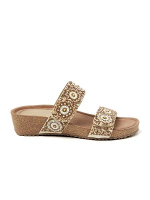 Lazamani Beige Mules two Straps Beads Wedge