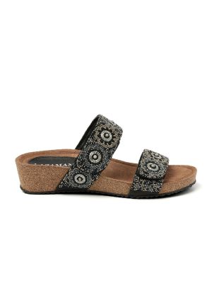 Lazamani Black Mules two Straps Beads Wedge